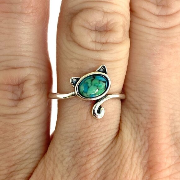 Sterling Silver 925 Turquoise Cabochon Kitty Cat Bypass Style Band Ring Sz 6 - Picture 2 of 16